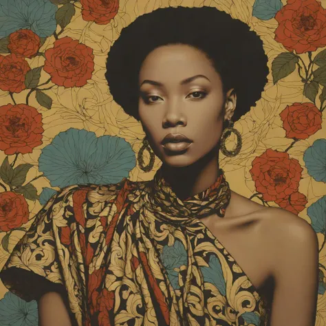 a close up of a woman with a scarf on a floral background