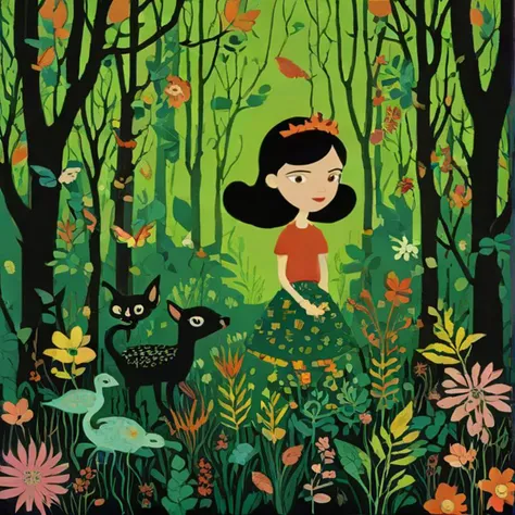 a painting of a girl in a red dress surrounded by animals