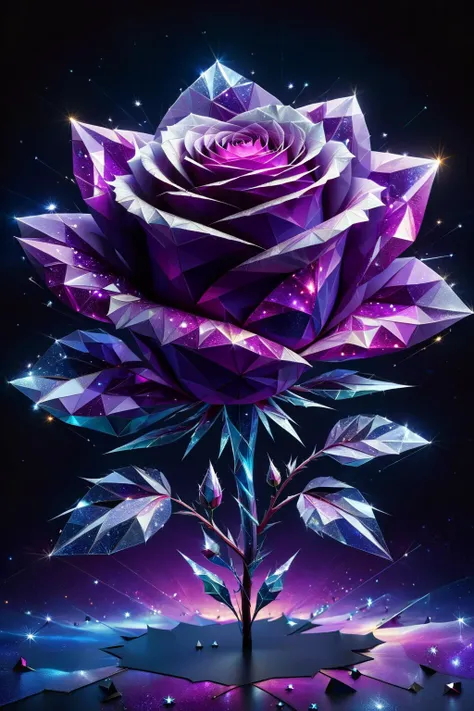 a (frozen:1.1) cosmic rose,made up of polygon,the petals glitter with a crystalline shimmer,swirling nebulas,8k unreal engine photorealism,ethereal lighting,purple,nighttime,darkness,surreal art,
ral-polygon,<lora:ral-polygon:1>,ral-exposure,<lora:ral-expo...