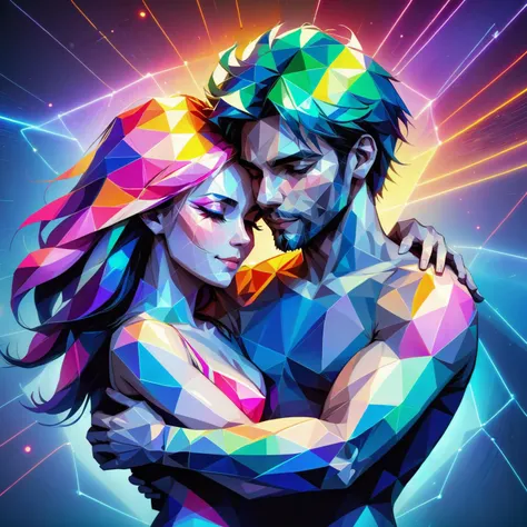 woman and man embracing, eyes closed, smile <lora:ral-polygon:1> ral-polygon, outline glow in neon colors, (masterpiece:1.2), best quality, (hyperdetailed, highest detailed:1.2), high resolution textures, <lora:EnvyBetterHiresFixXL01:1>