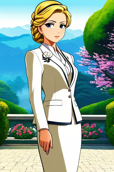 edgCosette,braid,white suit with flower, skirt, blonde hair, standing close up, young, makeup, funny,
beautiful face, masterpiece, highres, anime, cartoon, animation,
Traditional tea garden and tranquil,
 <lora:edgCosettePony:1.2>