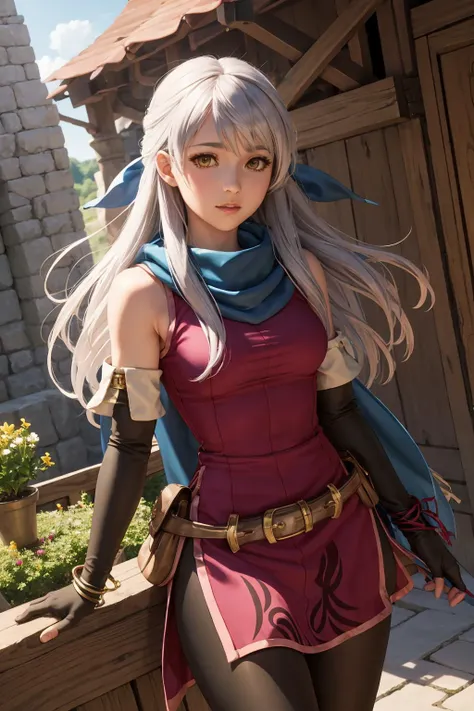 <lora:fireemblem_micaiah:0.9> micaiah (fire emblem), hair ribbon, sleeveless dress, pantyhose, elbow gloves, jewelry, bracelet, scarf, belt, Masterpiece, Best Quality, 4K