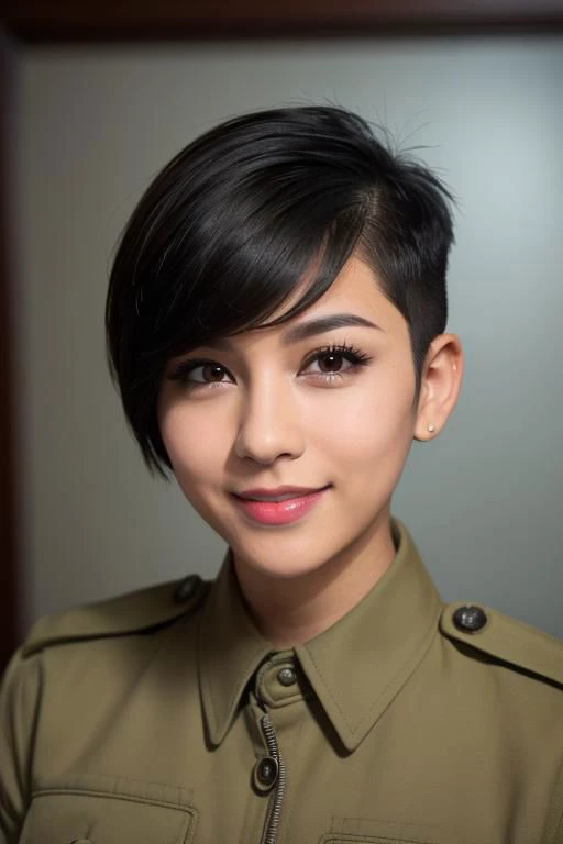 spiky bald hairstyle, short hair, mexican skin, gloves, uniform military, 1girl ,dark black hair, ((hair cut super short,)), soft Brown eyes, smile lips,