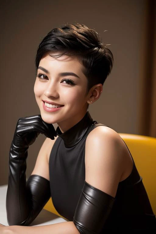 spiky bald hairstyle, short hair, mexican skin, gloves, uniform military, 1girl ,dark black hair, ((hair cut super short,)), soft Brown eyes, smile lips,