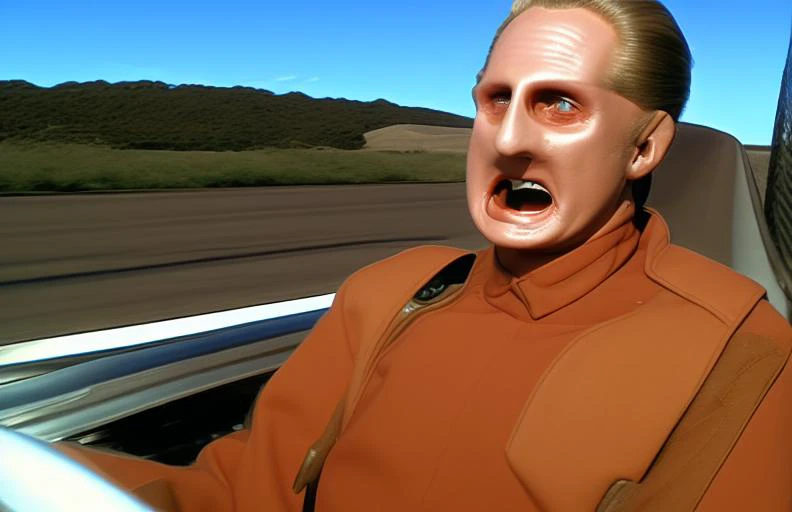 <lora:odo-Lora:0.8> a photo of odo driving a racecar with the wind blowing his hair back and his mouth wide open wearing a starfleet uniform