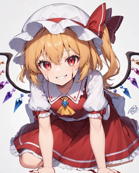 anime girl with a cat ears and a red dress kneeling on the ground