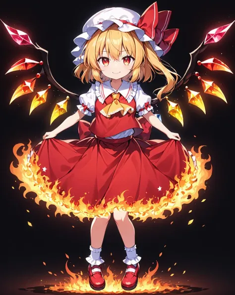 a girl in a red dress with a fire ring around her