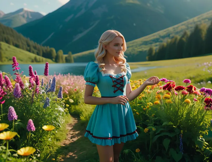 blond woman in blue dress standing in a field of flowers