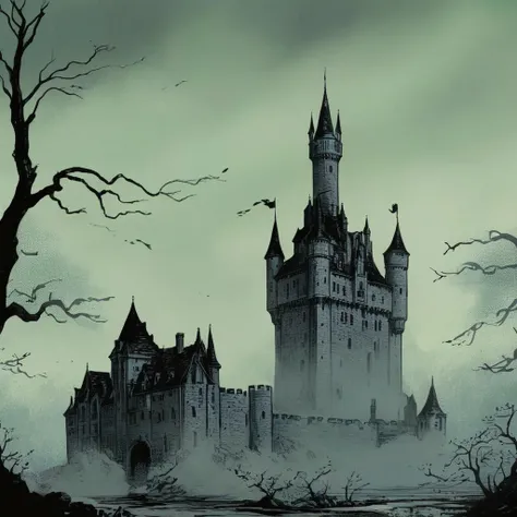 comic book art of  <lora:graphic novel style:1.2>
1980s a castle with a tower in the fog In graphic novel style, comic art, graphic novel illustration