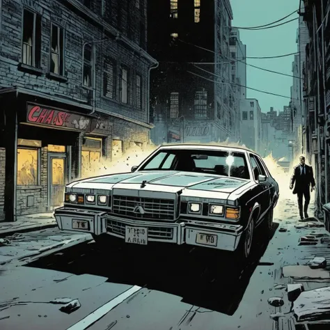 comic book art of  <lora:graphic novel style:1.2>
1980s a car chase movie scene in dark city alley In the graphic novel style, comic art, graphic novel illustration