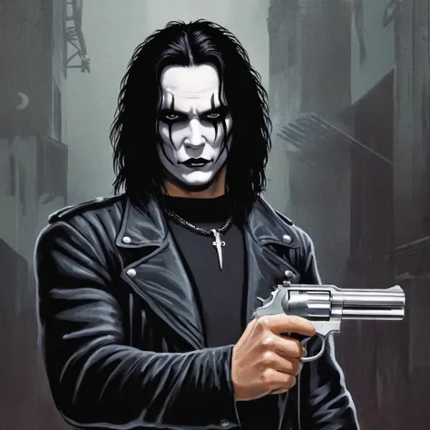 concept art of  <lora:graphic novel style:1.2>
Eric Draven choppy hair a poster of a man holding a revolver pistol In graphic novel style, digital artwork, illustrative, painterly, matte painting, highly detailed