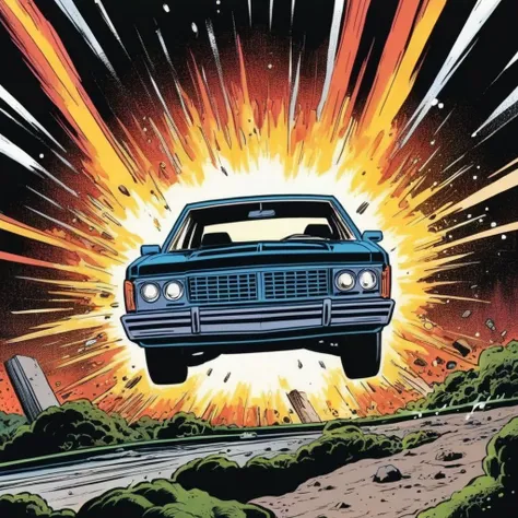 comic book art of  <lora:graphic novel style:1.2>
1980s an exploding car is flying through the air with a firework In graphic novel style, comic art, graphic novel illustration