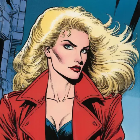 comic book art of  <lora:graphic novel style:1.2>
1980s Shelly Webster blonde choppy hair a woman with long blonde hair and a red jacket In graphic novel style, comic art, graphic novel illustration