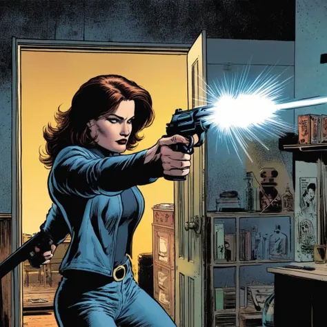 comic book art of  <lora:graphic novel style:1.2>
1980s a woman from her back aiming a gun in a dark room in a gunfight scene In the graphic novel style, comic art, graphic novel illustration