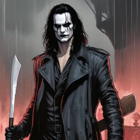 concept art of  <lora:graphic novel style:1.2>
1980s Eric Draven choppy hair a drawing of a man in a trench coat holding a butcher axe In graphic novel style, digital artwork, illustrative, painterly, matte painting, highly detailed