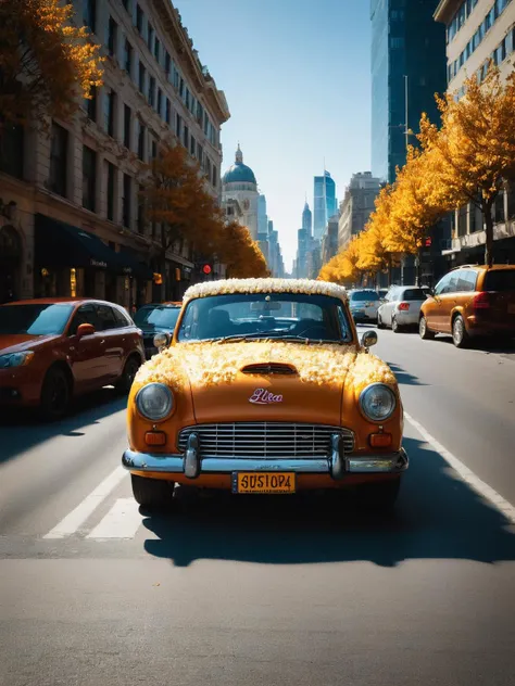 A photo of a popc textured classic car parked on a bustling city street, its uniqueness contrasting with the urban setting, captured in the golden hour light with a Leica Q2 for warmth and depth <lora:popc:1.5> <lora:EnvyBetterHiresFixXL01:0:hr=1>