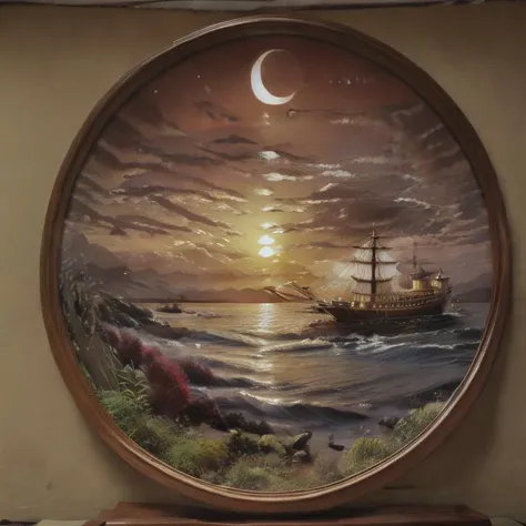 painting of a ship in the ocean with a crescent above it