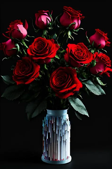 (pixel sorting), masterpiece, red roses in a vase, dark atmosphere, photo, realistic, ultra quality, <lora:Pixel Sorting:1>