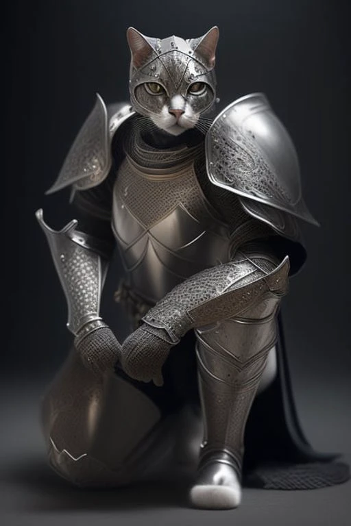 kneeling cat knight, portrait, finely detailed armor, intricate design, silver, silk, cinematic lighting, 4k