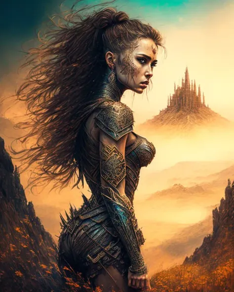 poster of warrior princess| standing on hill | centered| key visual| intricate| highly detailed| breathtaking| precise lineart| ...