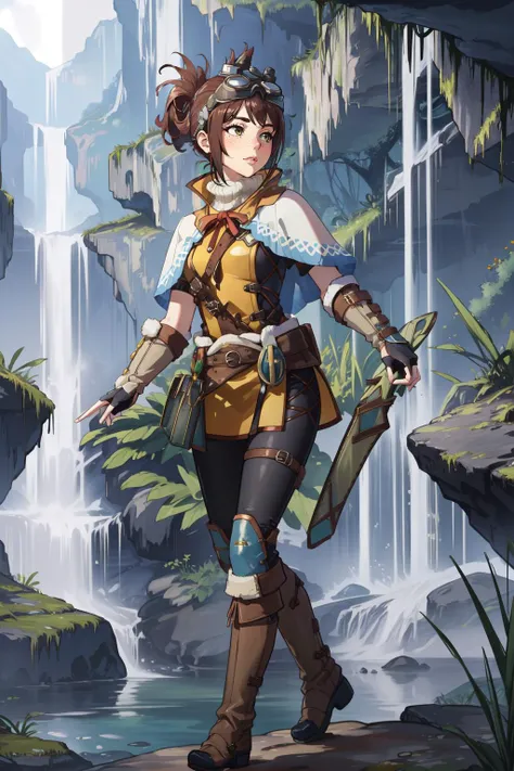 (masterpiece, best quality),  intricate details,
1girl,    <lora:mhw_handler:0.8> mhwhandler, freckles, goggles on head, capelet, boots, fingerless gloves, 
adventurer, underground, waterfall, grass, cavern,