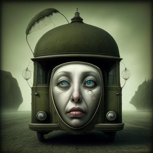 (surrealsteampunkai)++, a car with faces behind the windows