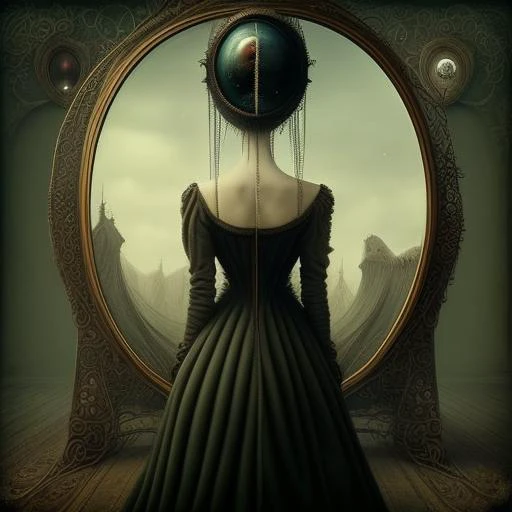 (surrealsteampunkai)++, a woman looking at a mirror