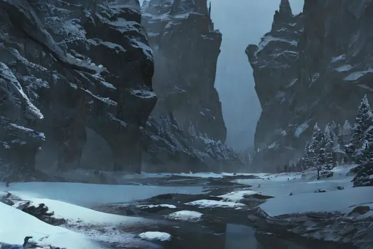 there is a man standing in a snowy canyon next to a river