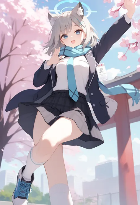 anime girl in a blue dress and cat ears is posing in front of a gate