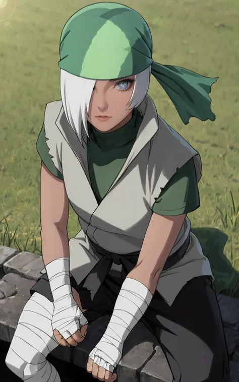 anime character sitting on a rock with a green hat on