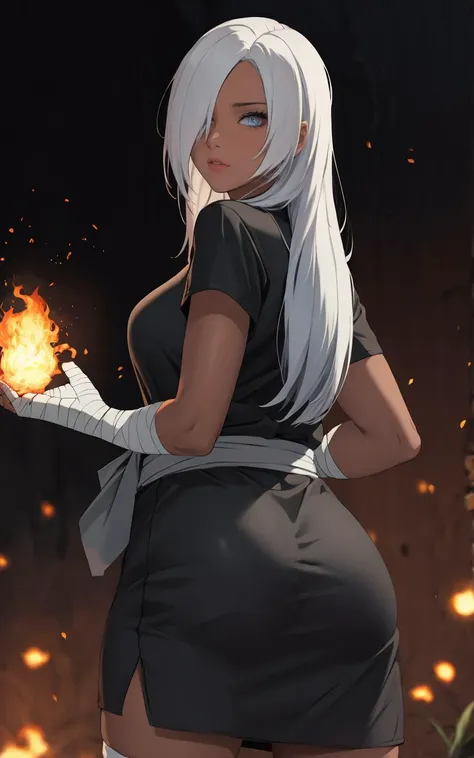 anime girl with white hair and black dress holding a fire