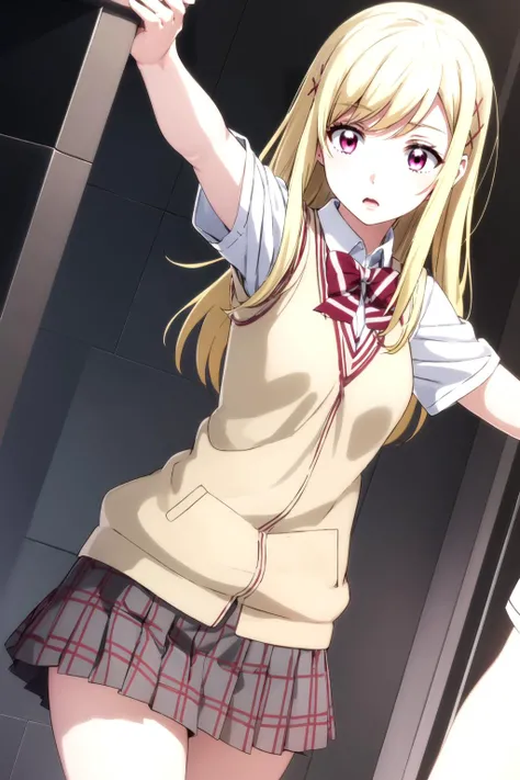 1girl, solo, <lora:urara shiraishi s1-lora-nochekaiser:1> urara shiraishi, long hair, blonde hair, (pink eyes:1.3), hair clip, x hair ornament, skirt, bow, school uniform, jacket, plaid, plaid skirt, sweater vest, shirt, white shirt, collared shirt, (maste...