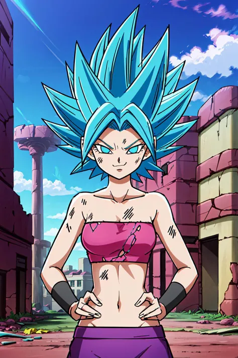 <lora:Caulifla:0.7>, masterpiece,  caulifla, blue hair, spiked hair,  blue eyes, collarbone, tube top,  looking at viewer, bruise on face, slight smile, blue sky, ruined city, destroyed buildings, ((blue aura)), (super saiyan blue), torn baggy pants,