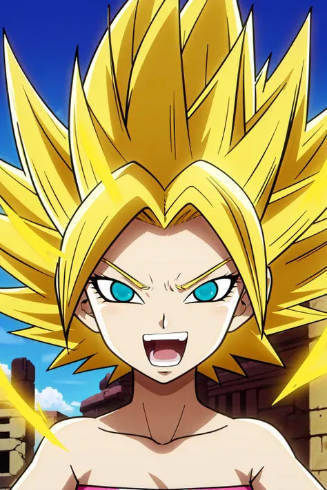 <lora:Caulifla:0.7>, masterpiece,  caulifla, blonde hair, spiked hair,  aqua eyes, collarbone, tube top,  looking at viewer, evil smile, smile, open mouth, teeth, blue sky, ruined city, destroyed buildings, golden aura, super saiyan, close up