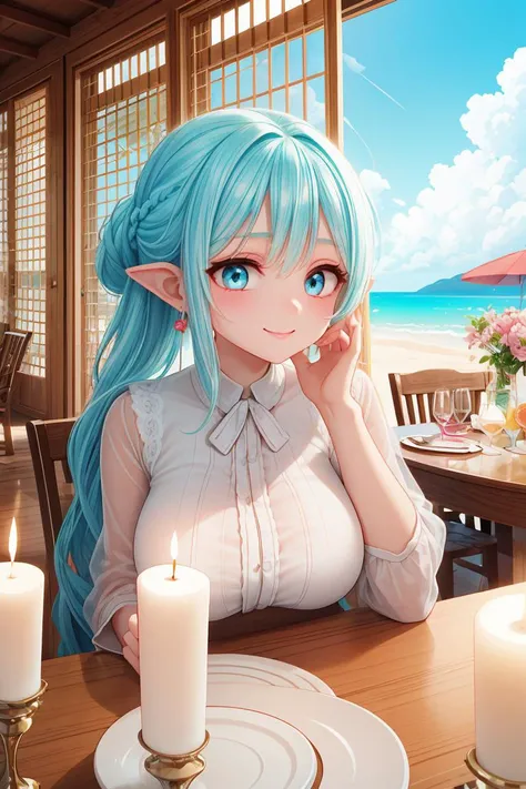 (masterpiece, best quality), female senior, sculpted, east asian, turquoise eyes, oval ears, wide nose,  strong jaw, unique cheeks,     , pastel blue french braid hair, smile wearing gaucho jumpsuit, sheer blouse,  , gazing through window blinds, gazing th...