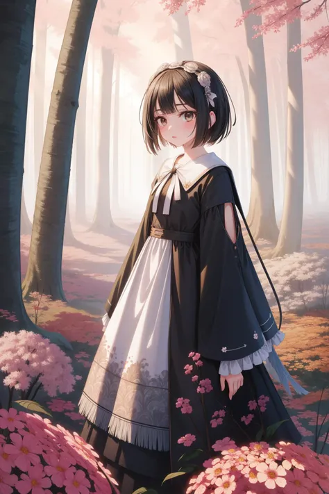 a woman in a dress standing in a forest with flowers