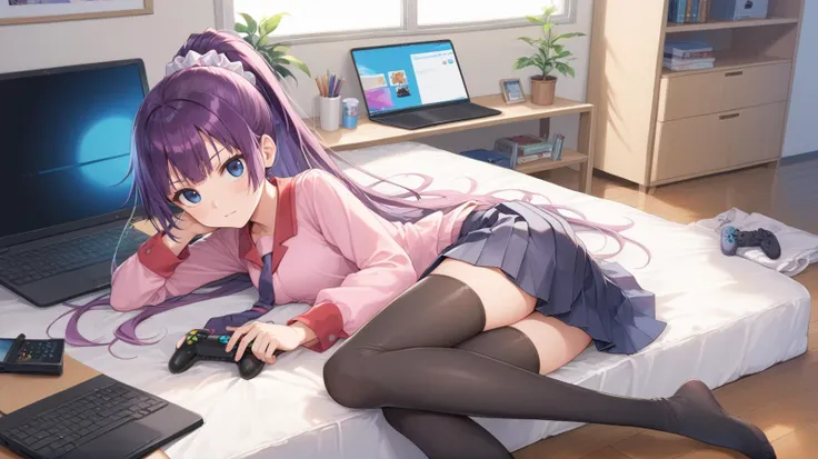 anime girl laying on bed with laptop and game controller