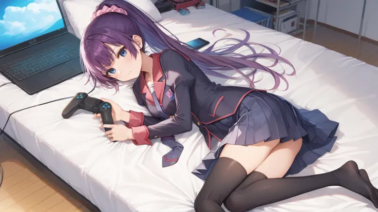 anime girl laying on bed with laptop and remote control