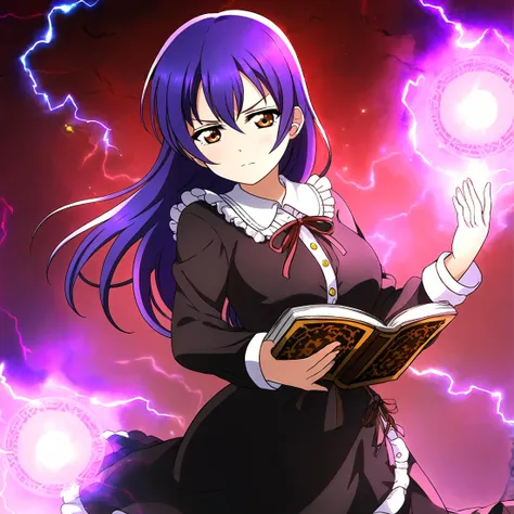 a woman in a dress holding a book in front of a lightning