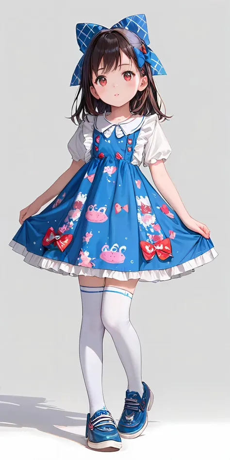 anime girl in a blue dress and white tights with a bow