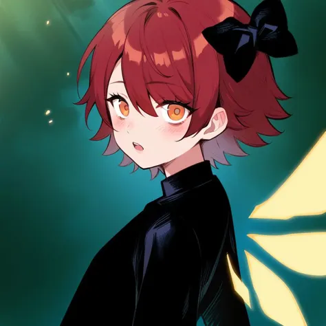 anime girl with red hair and black bow in a black outfit