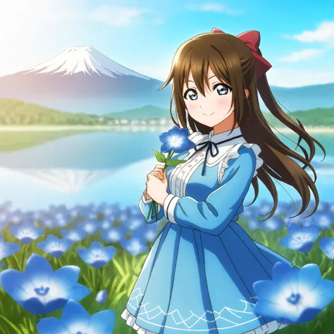 a girl in a blue dress holding a flower in front of a mountain