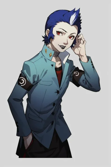 masterpiece, best quality, solo, 1boy, looking at viewer, smile, <lora:P3-Protraits_Fp:0.8>, simple background, <lora:Eikichi_Fp:1>, eikichip2, school uniform, pants,  black lips