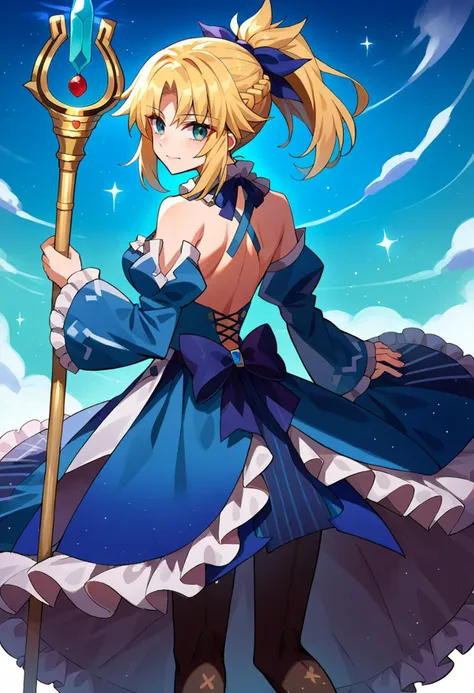 a woman in a blue dress holding a spear and a blue sky