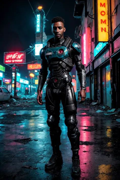 a man in a futuristic suit standing in the middle of a city