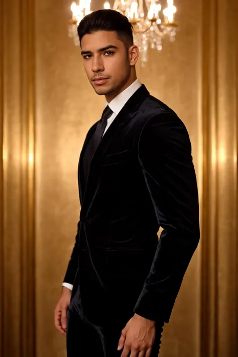 a close up of a man in a suit and tie standing in front of a chandelier