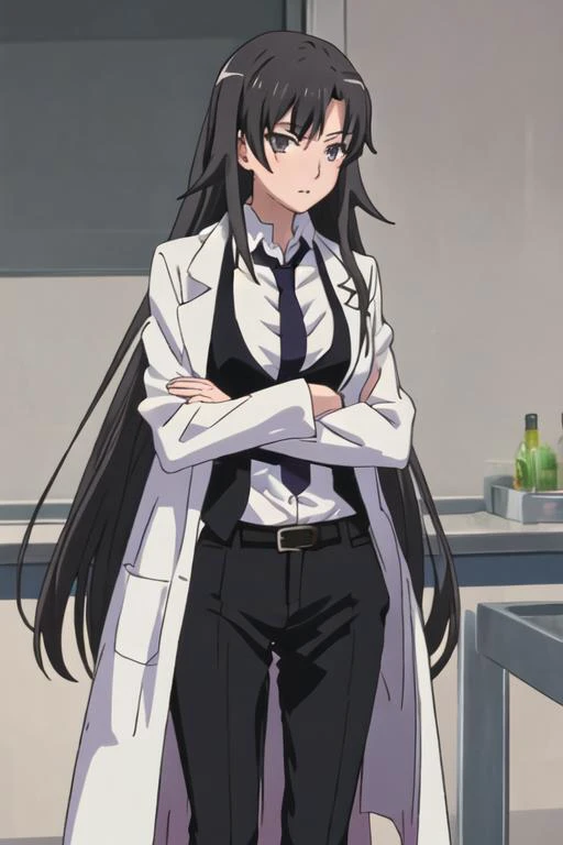 best quality, masterpiece, highres, solo, {hiratsuka_shizuka_yahariorenoseishunlovecomewamachigatteiru:1.15}, long_hair, black_hair, necktie, 1girl, labcoat, black_eyes