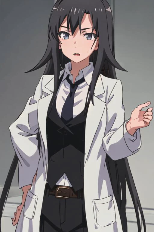 best quality, masterpiece, highres, solo, {hiratsuka_shizuka_yahariorenoseishunlovecomewamachigatteiru:1.15}, long_hair, black_hair, necktie, 1girl, labcoat, shirt, blue_necktie, upper_body, vest, sweatdrop