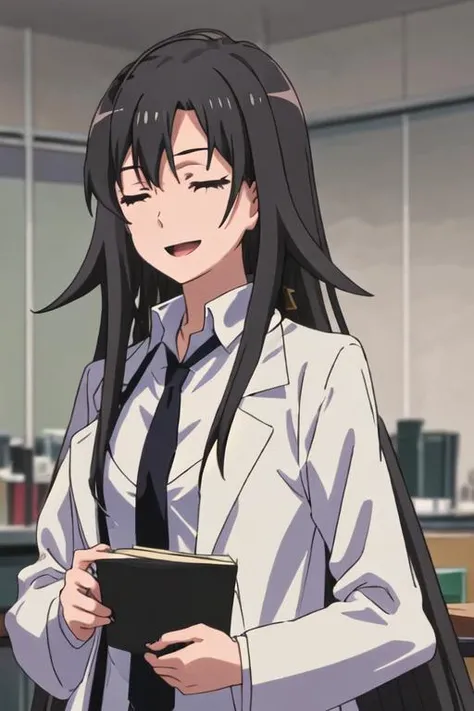 best quality, masterpiece, highres, solo, {hiratsuka_shizuka_yahariorenoseishunlovecomewamachigatteiru:1.15}, long_hair, black_hair, necktie, 1girl, shirt, bangs, closed_eyes, labcoat, open_mouth, upper_body, smile, anime_coloring, blue_necktie, school_uni...