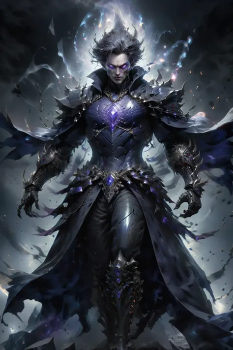 a woman in a dark armor with a glowing head and a purple cape